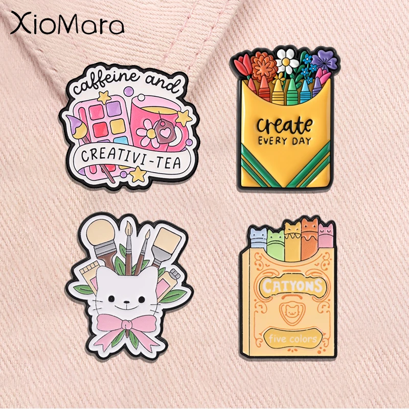 Caffeine And Creativi‑Tea Enamel Badge Artist Paint Palette Mug Cup Pins Creat Every Day Colorful Crayons Brooches Jewelry Gifts