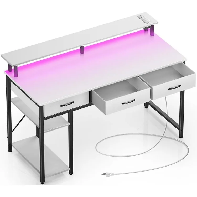 Rolanstar Computertisch mit Steckdosen und LED-Licht, 47-Zoll-Home-Office-Schreibtisch mit Schubladen und Ablageflächen