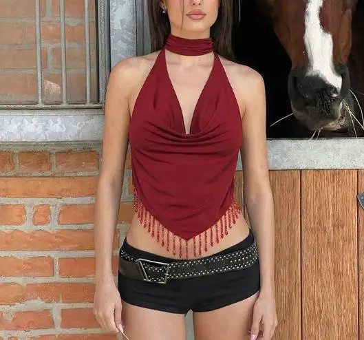 

2026 Spring Women's Clothing New Product Personalized Low Collar Show Chest Strap Back Hollow Design Tassel Strap Female