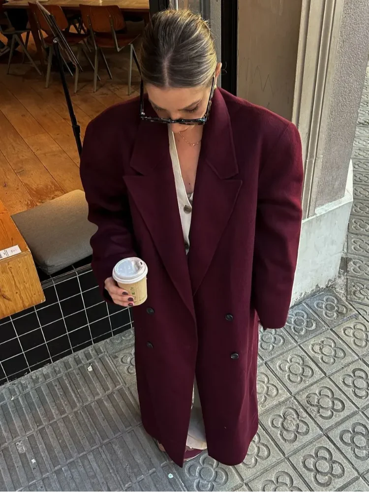 Chic Burgundy Oversized Lapel Overcoat For Women Elegant Double Breasted Full Sleeve Long Coat 2024 Autumn Female Casual Outwear