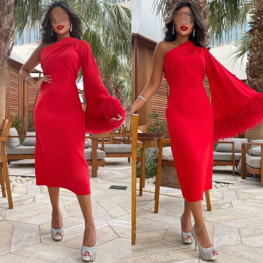 

Customized Simple Long Sleeves Evening Dress Exquisite One Shoulder Prom Dresses Temperament Feathers Special Occasion Gowns