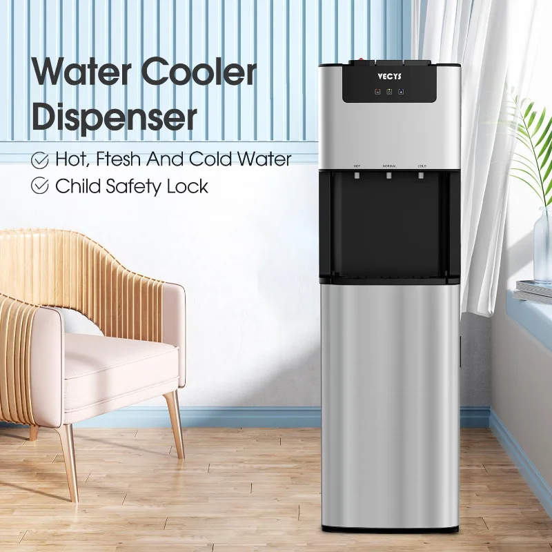 VECYS محمل سفلي 3 5 جالون موزع مياه ذاتي التنظيف، مبرد مياه ساخن وبارد مع قفل أمان للأطفال