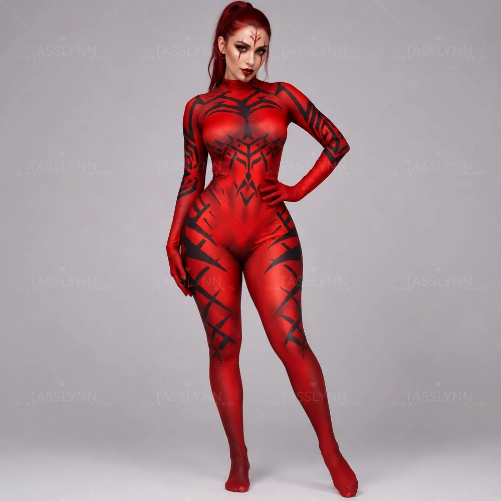Darth Talon Cosplay Zentai Bodysuit Sith Tribal Tattoo Full Jumpsuit Halloween Costume Women Twi'lek Sith Warrior Cos Outfit view 6