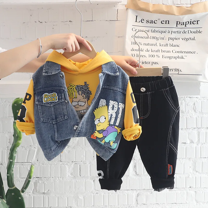 

Baby Boy Designer Clothes Set 2024 Fall Turn-down Collar Denim Vest + Hooded Hoodies + Pants Tracksuits for Kids Boys Outfits