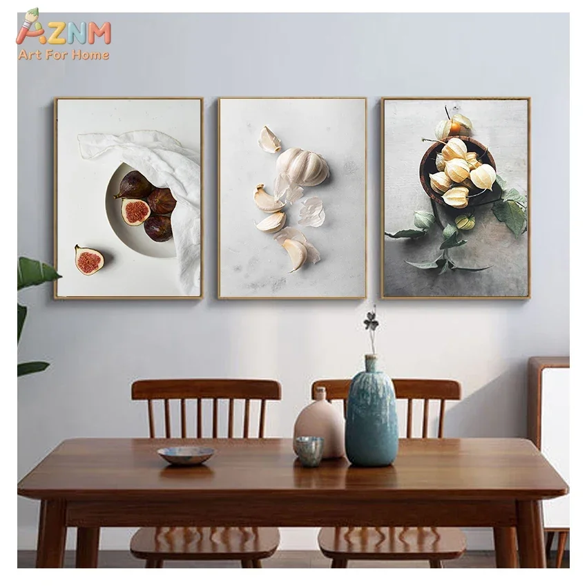AZNM Kitchen Food Still Life Canvas Print, Fig Garment Physalis Minimalist Food Photography Unframed Canvas Painting, Dining Roo