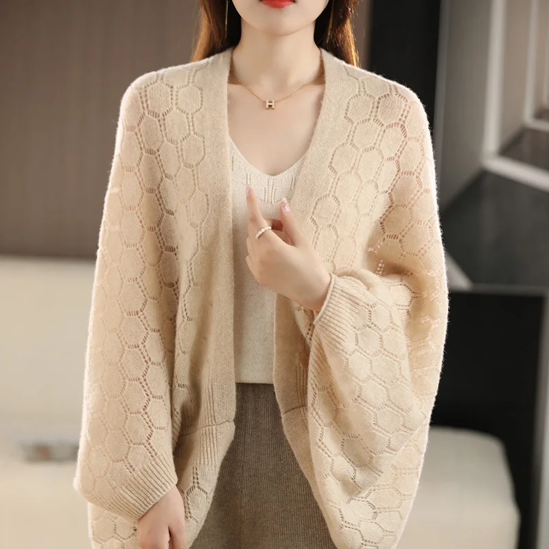 100%Wool Women\'s Knitted Cardigan Wraps Hollow Out Scarf 2 Purpose Korea Fashion Luxury Cloak Wollen Shawl Female Pashmina