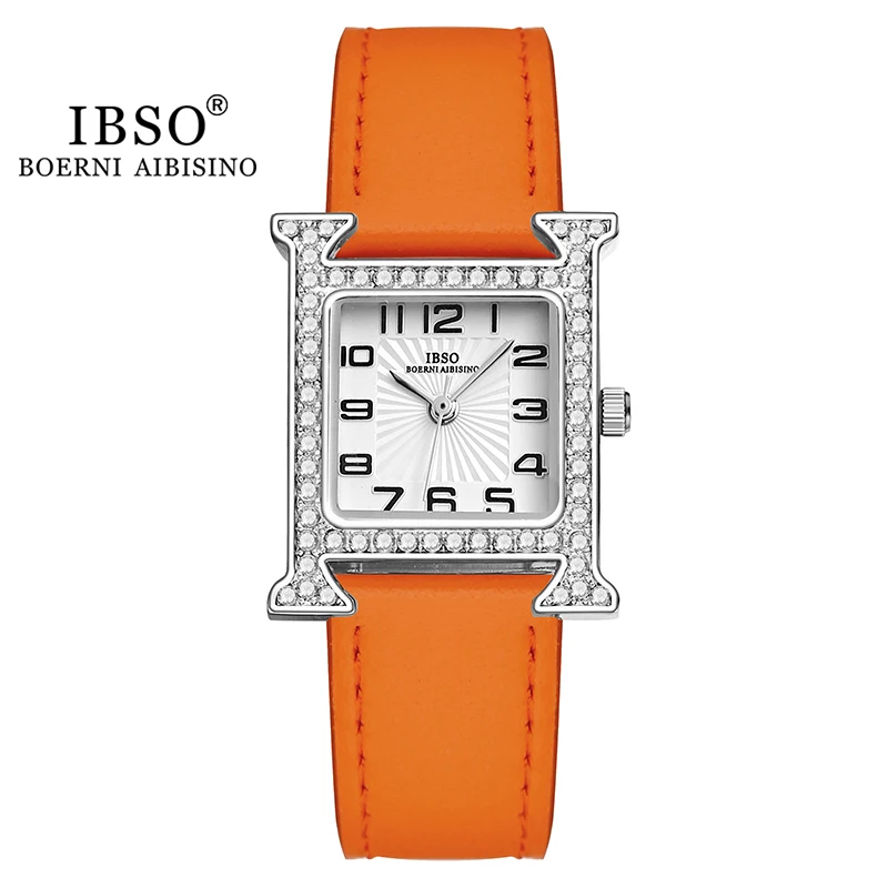 IBSO 2023 New Luxury Women Rectangle Watches Japanese Quartz Movement Ultra-Thin 3ATM Waterproof Full Diamond Genuine Leather