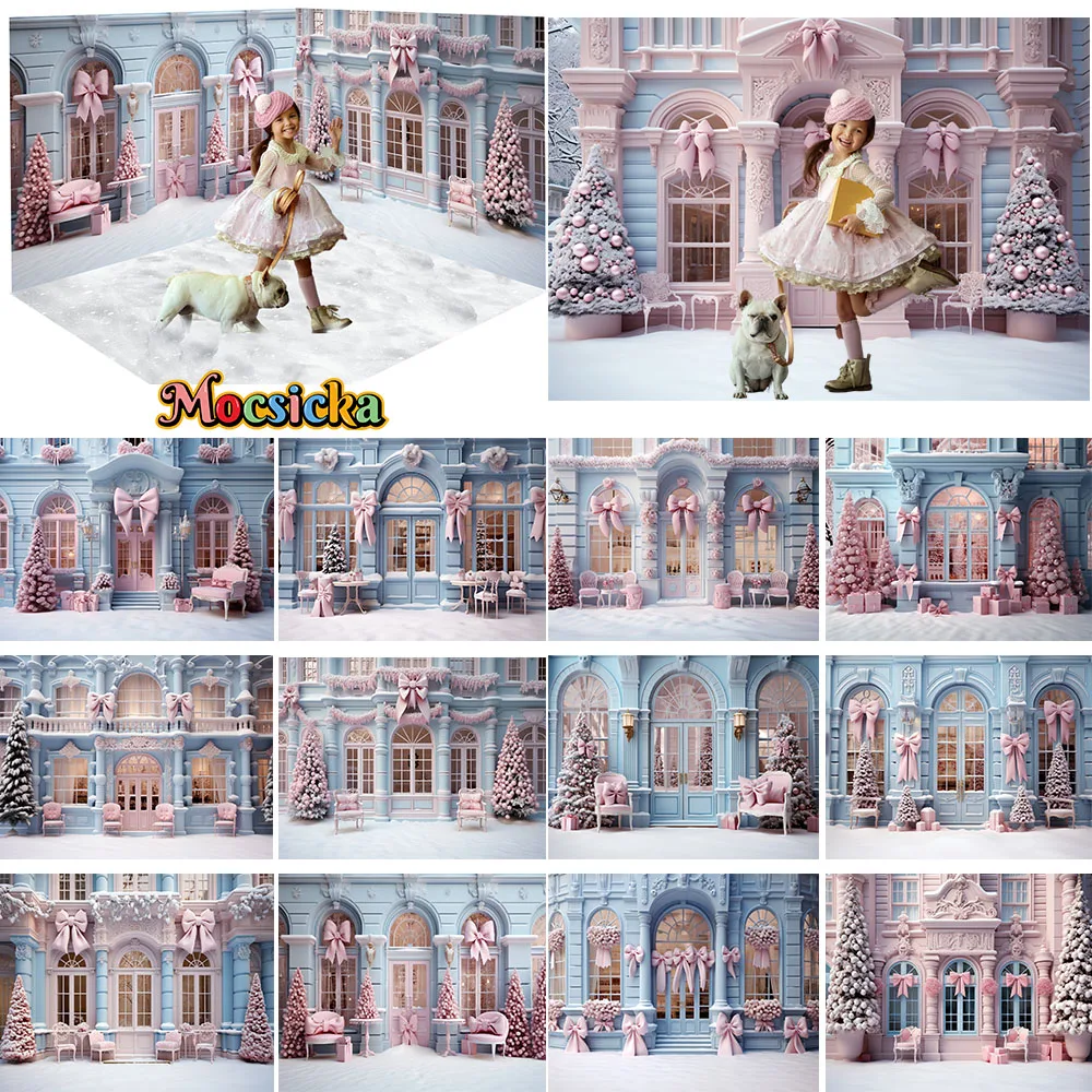 Blue Christmas Shop Front Street Background Girl Baby Winter Birthday Photography Backdrop Banner Pink Bowknot Decor Studio Zone