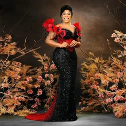 Aso Ebi Style Luxury Beaded Prom Dresses Unique Design Black and Red Sequins African Wedding Party Dress 3D Flowers Evening Gown