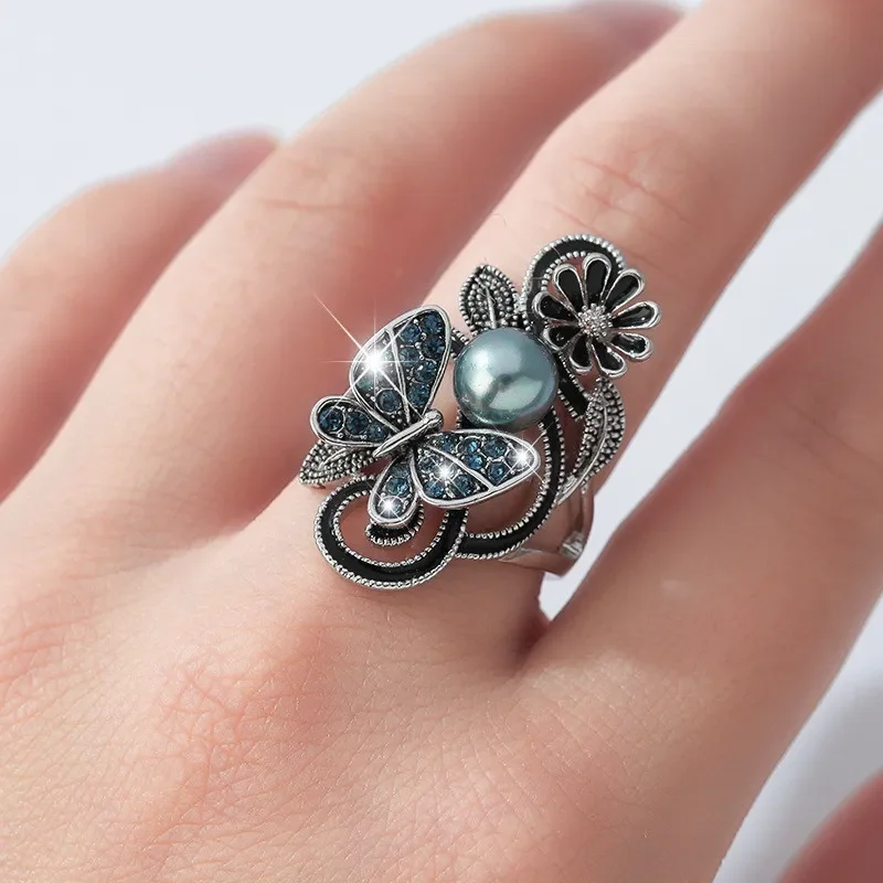 Trendy Ink Blue Pearl Butterfly Crystal Women\'s Ring For Engagement Wedding Jewelry Copper Accessories Rings Wholesale