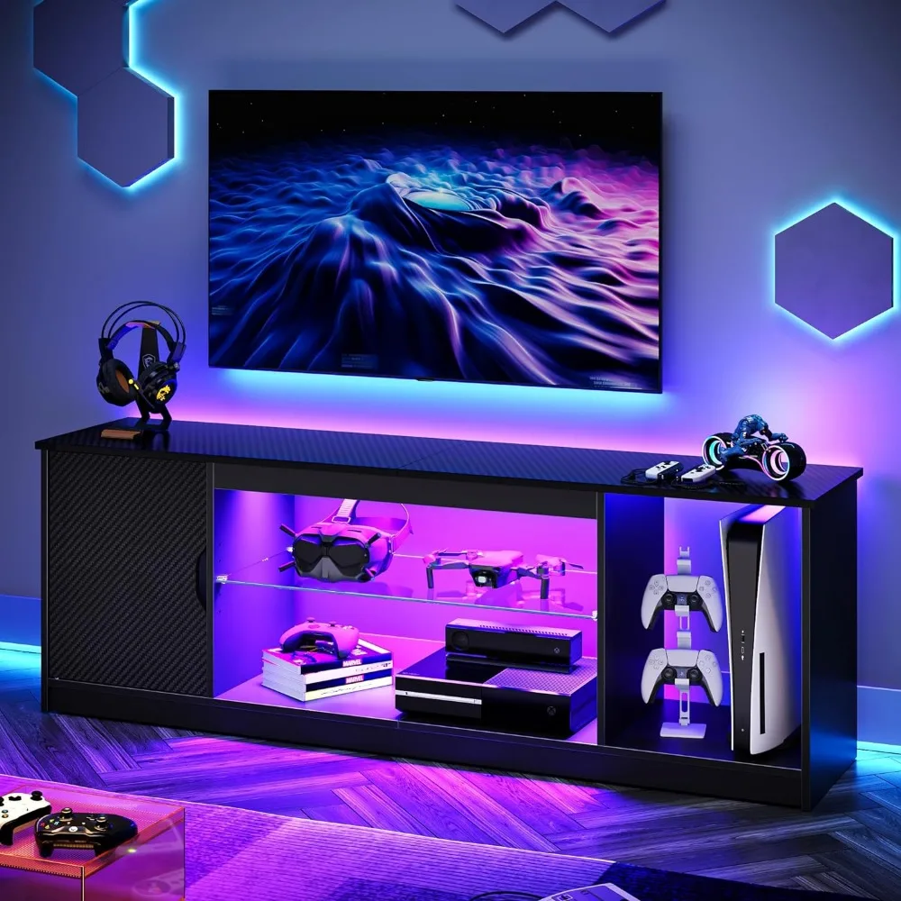 

LED TV Stand for 55-65 in TV, Gaming Entertainment Center with Cabinet for PS5, Modern TV Cabinet with Adjustable Glass Shelves