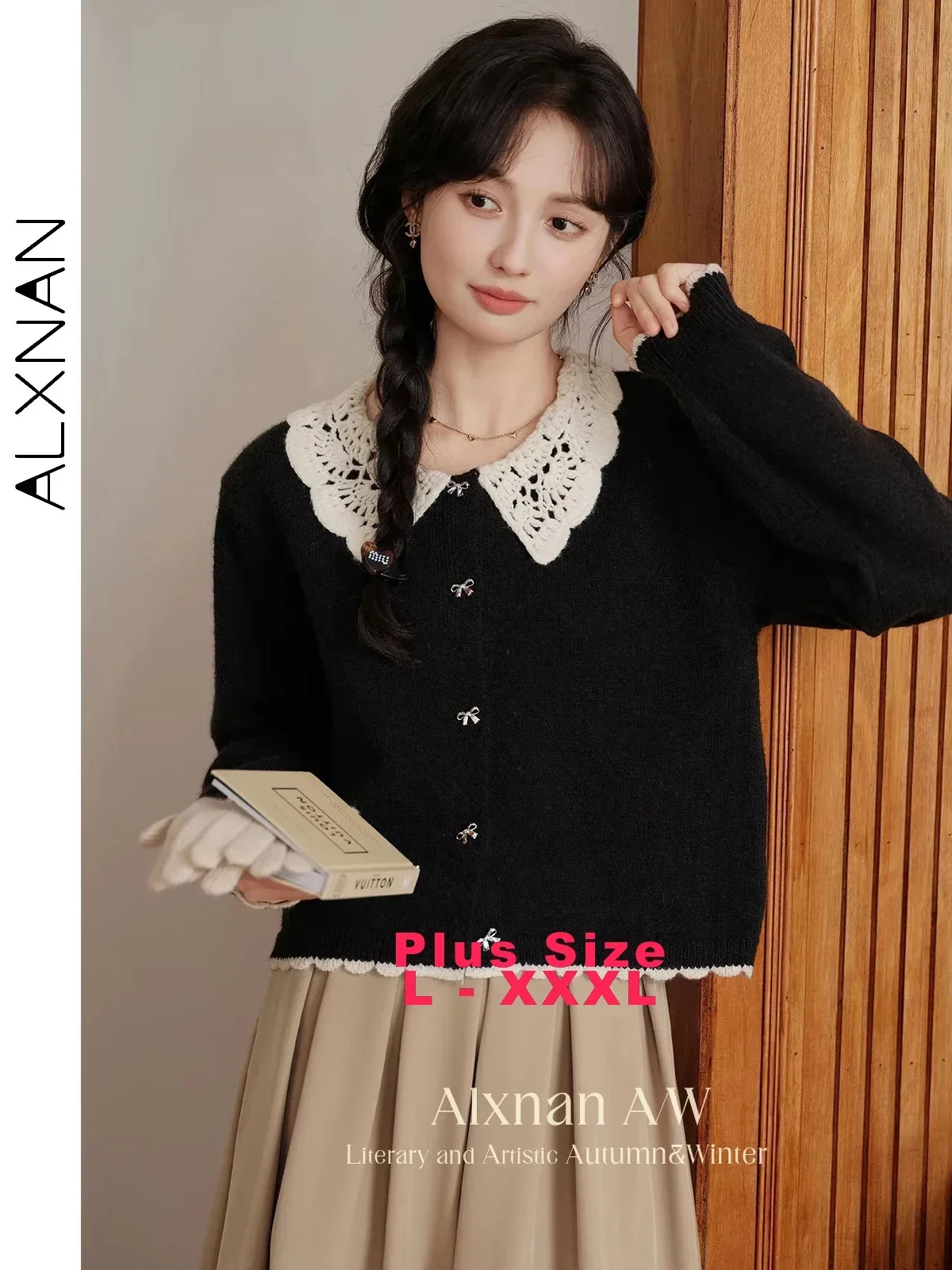 ALXNAN Women's Knitted Patchwork Plus Size Sweater Lapel Collar Bow Buttons Contrast Color Cuff&Hem Fall Winter Cardigans D08059