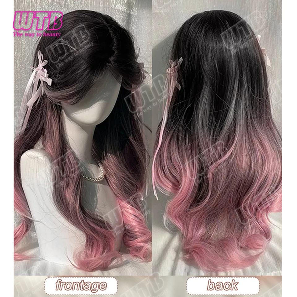 WTB Pink Highlighted Synthetic Wig Long Curly Wig with Lace Front and Bangs Suitable for Women's Holiday Events and Cosplay - view 3