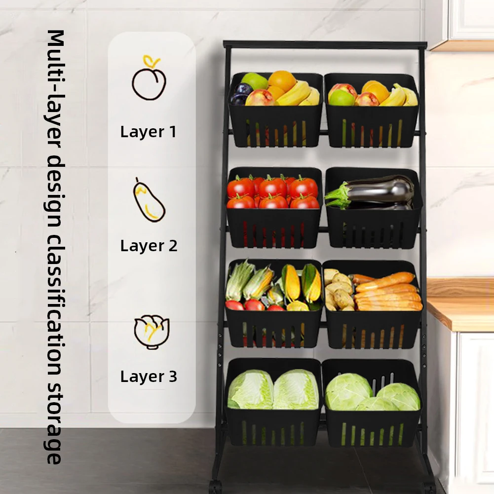 4-Tier Fruit and Vegetable Basket with Rolling Wheels Vegetable Storage Rack W/Rolling Wheels for Pantry Bathroom Laundry Room