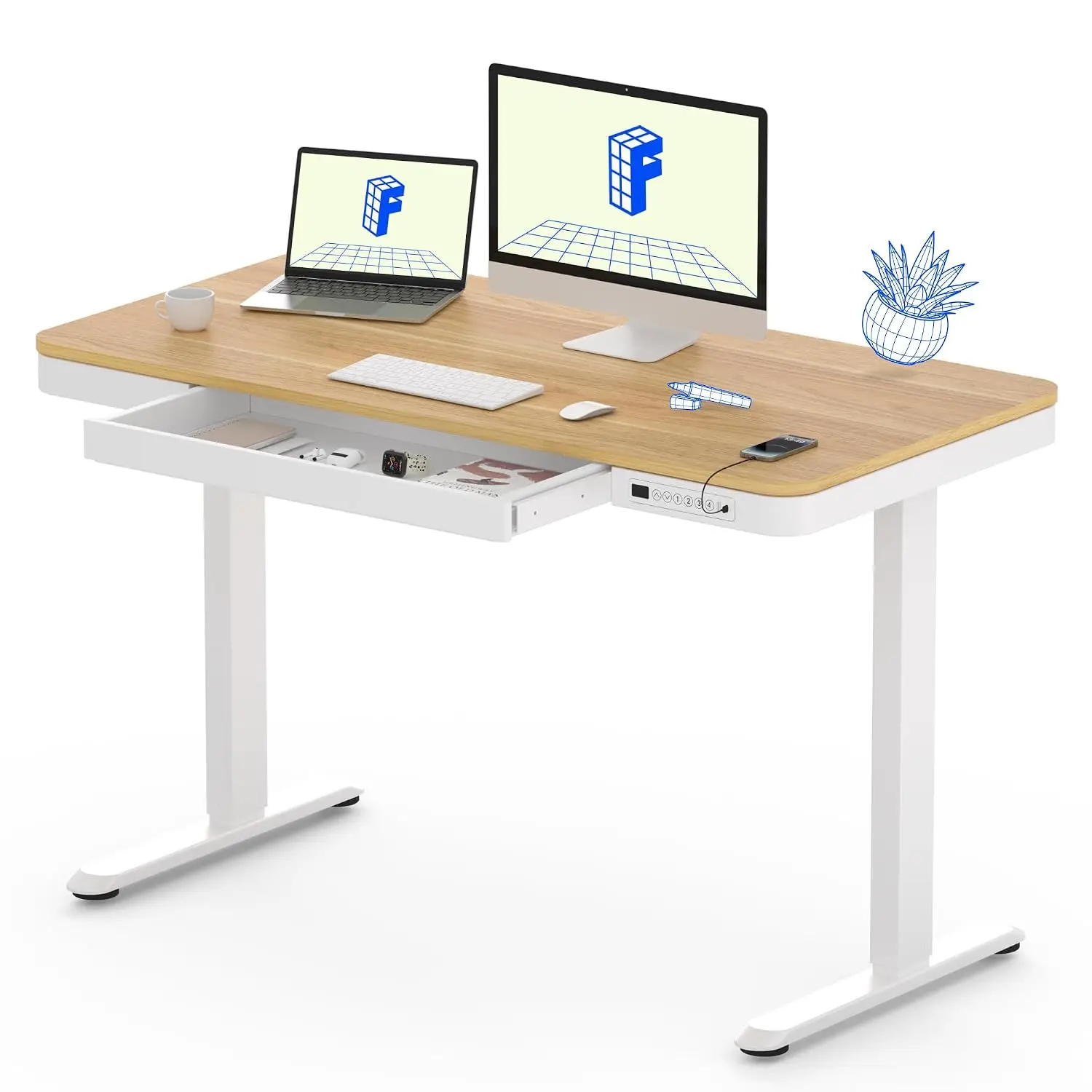 Electric Standing Desk with Drawers & USB Ports, Quick Assembly Height Adjustable Desk with Child Lock, 48