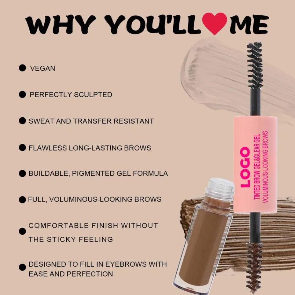 Gel à sourcils transparent 2 en 1, marque privée, teinte imperméable longue durée, crème pour sourcils, maquillage végétalien, Logo personnalisé, vente en gros