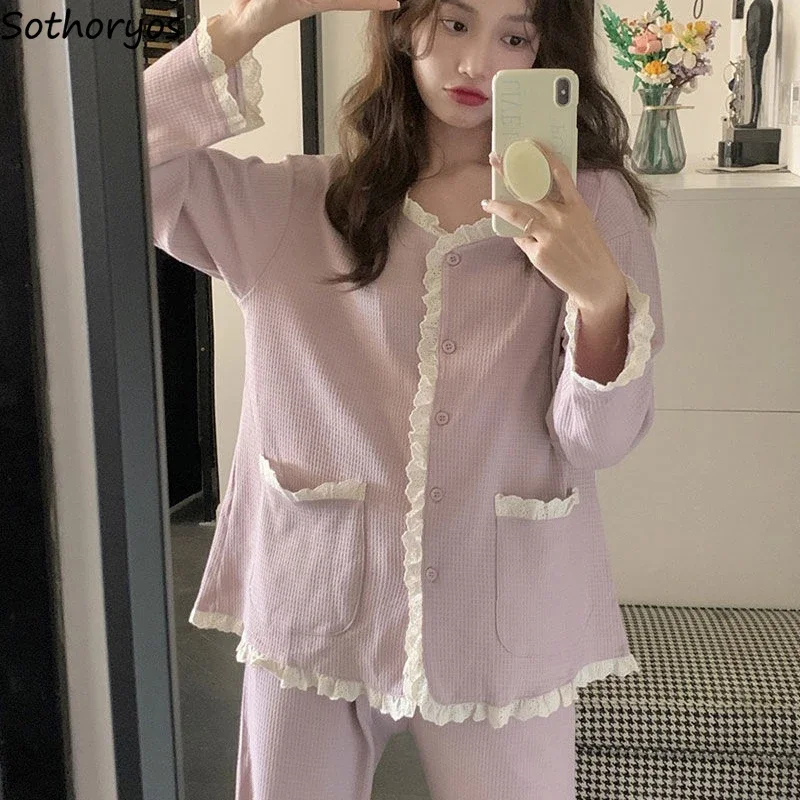 Lace Edge Pajama Sets Women Pockets Single Breasted Solid Simple Casual Loose Ladies Lounge Autumn Bedroom Sleepwear Comfortable