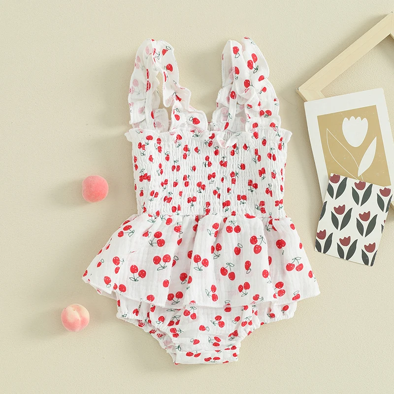 Baby Girl Sleeveless Romper Dress Square Neck Frill Trim Cherry Print Shirred Tank Top Jumpsuit Dress Infant Newborn Clothes