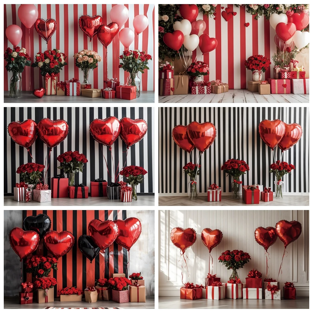 Valentine's Day Photography Background February 14th Striped Wall Love Balloons Red Roses Bride Wedding Lovers Portrait Backdrop