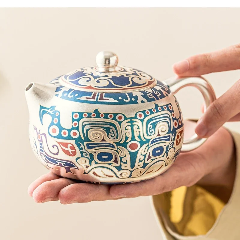 Taotie pattern 999 silvering ceramic Xishi pot large teapot single high-end tea kung set