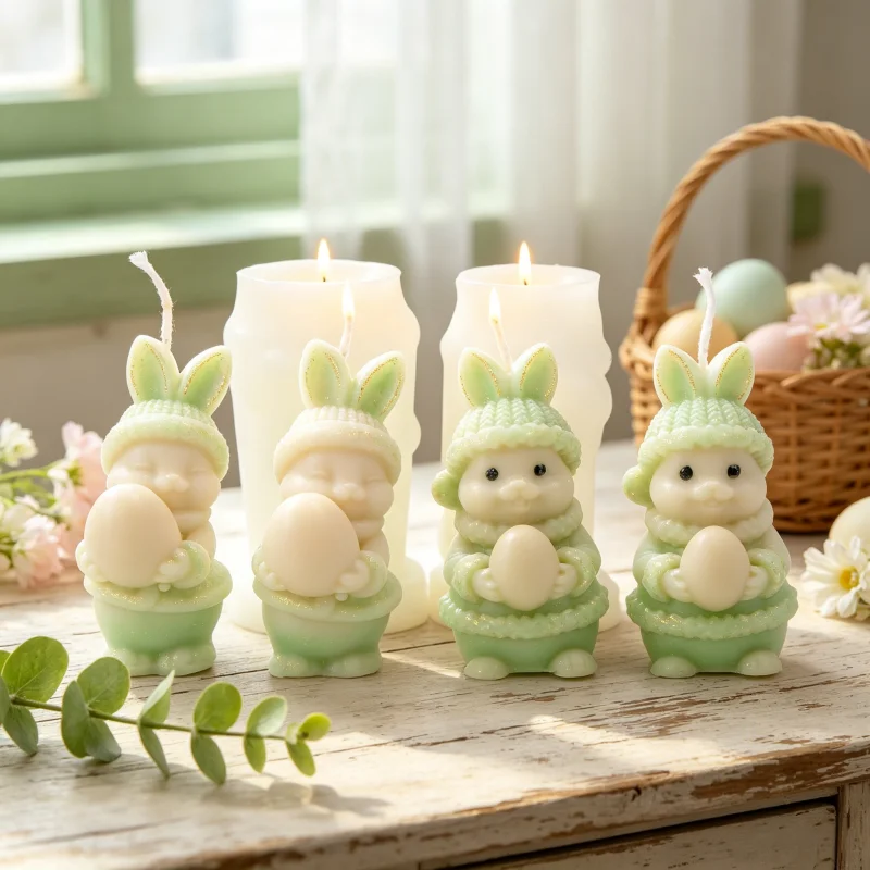 3D Easter Bunny Silicone Candle Mold, Cute Rabbit Holding Egg with Hat Wax Mould for DIY Resin Plaster