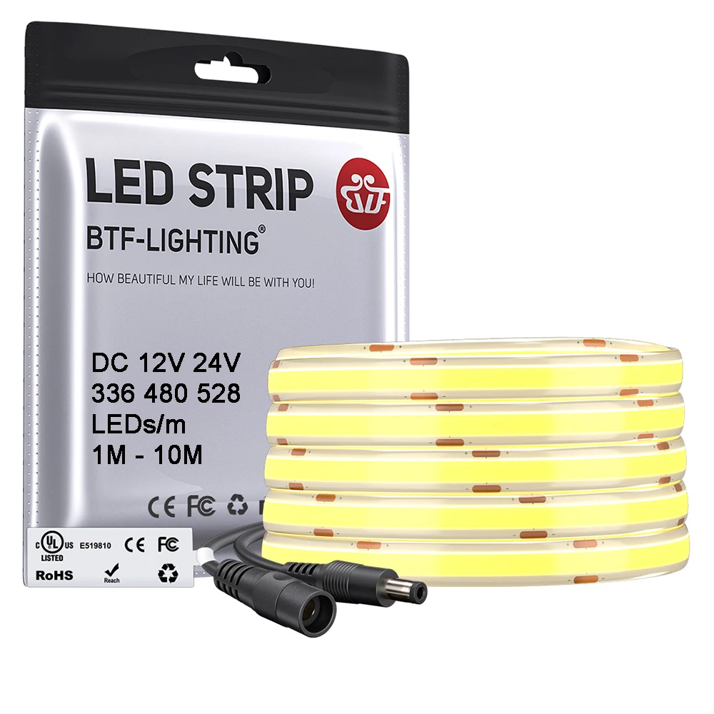 FCOB LED Strip Light 336 480 528 LED de alta densidade flexível FOB COB LED Light RA90 Natureza quente Branco fresco Linear regulável 12V 24V