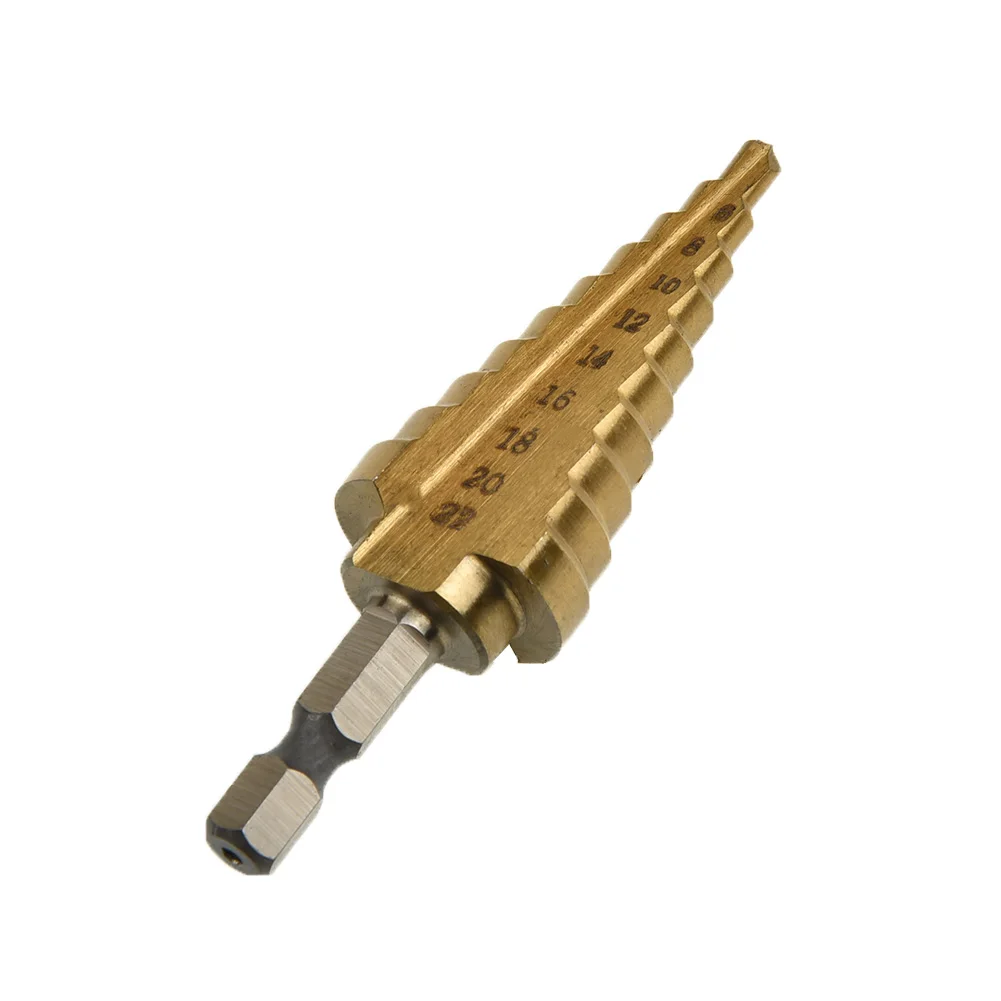 Titanium Step Drill 6.35mm High Quality Hole Sheet Metal Cone 4-22mm HSS Hex 75mm Cutter Gold High Speed Steel