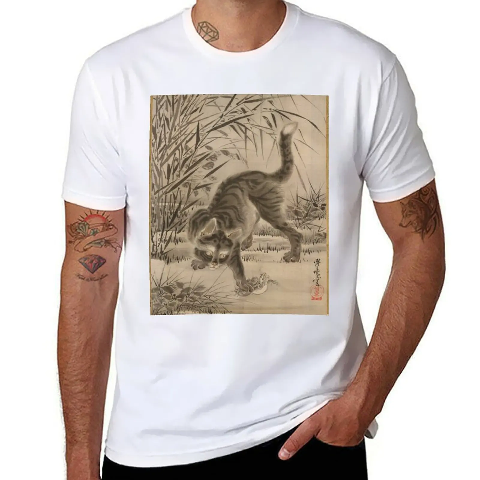 

Cat Catching Frog, Meiji era artwork T-Shirt g man t shirts for men funny t shirts man T-Shirt