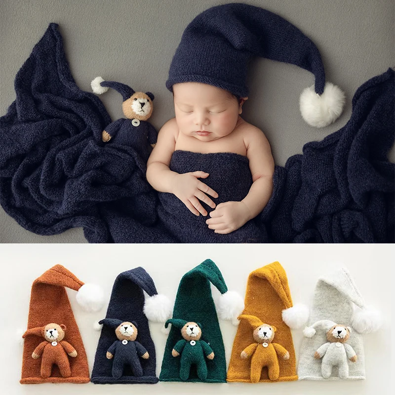 Wool Knitted Hat Doll 2Pc/set Newborn Photography Props Cute Good Night Bear Girl Boy Toy Studio Baby Shooting Accessories