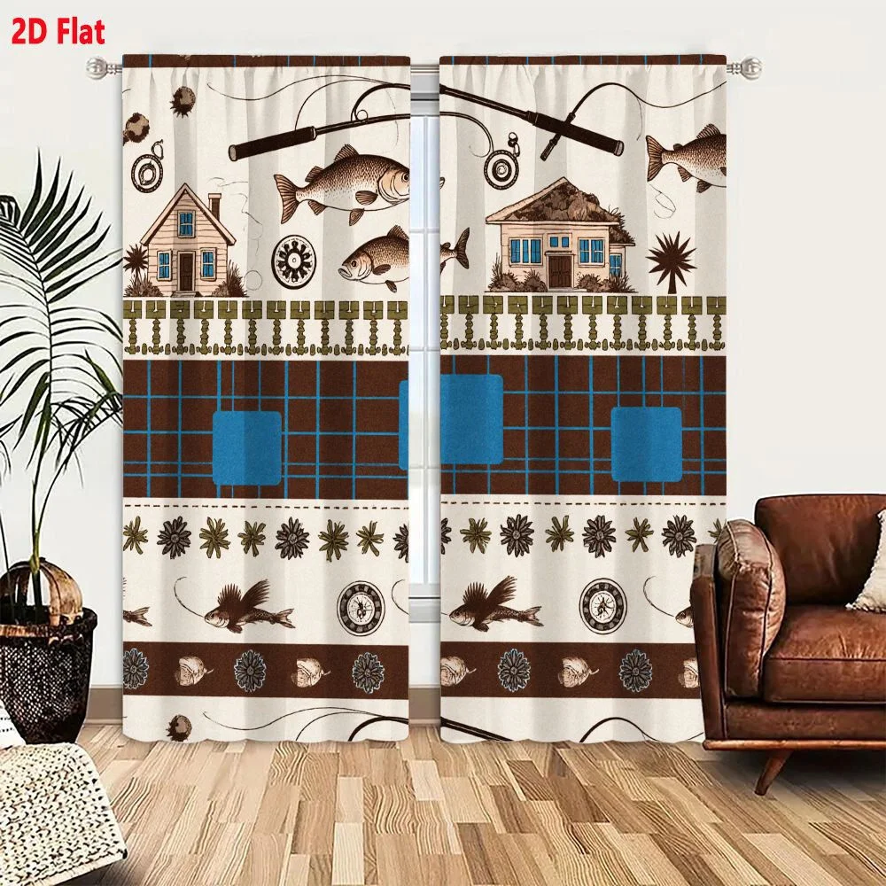 2Pcs Curtains 2D Flat Vintage Retro Fishing Theme Seamless Pattern Wallpaper Fabric With Houses Fish Fishing Rods Plants Sun Sta