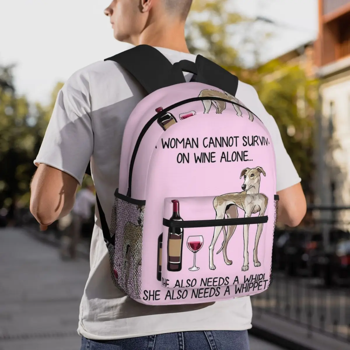 Whippet Dog And Wine Funny Gift For Dog Mom Backpack Daypack Large Capacity Kids BookBag School Bag Shoulder Bags for Men Women