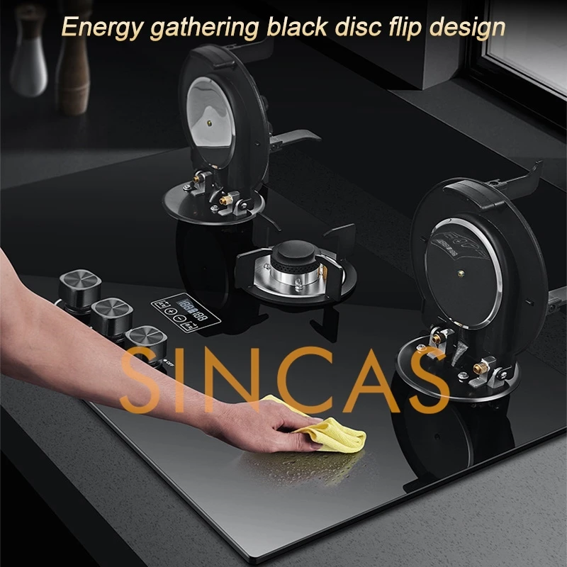 Kitchen Household 5.2KW Fierce Fire Three-burner Double-Sided Timing Gas Stove Desktop/Embedded Anti-oil Flip Cover Gas Stove