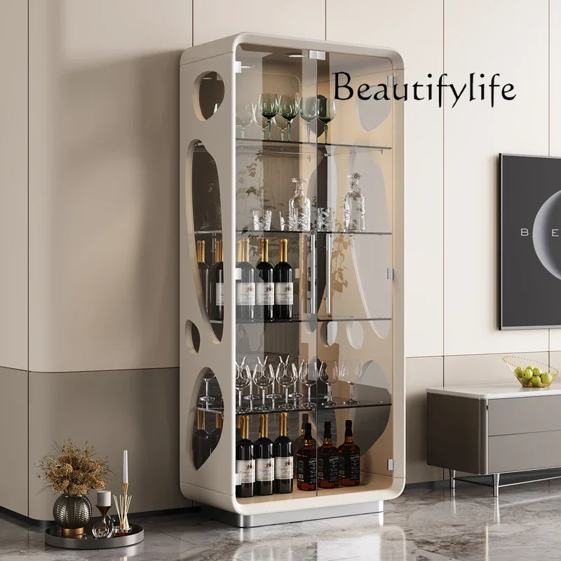 Cream color living room wine cabinet against the wall household new light luxury glass door display cabinet TV side cabinet