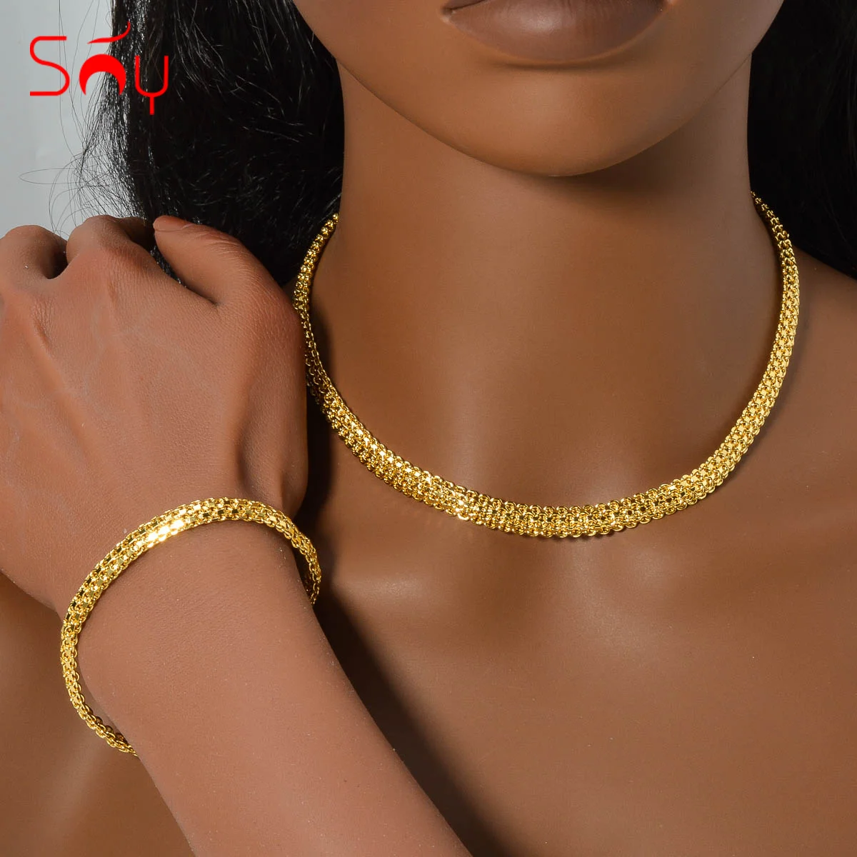 

Hip Hop Geometric Chain Jewelry Set for Women Punk Cuba 18k Gold Plated Necklace Hand Cuff Friend Party Engagement Bracelet Gift