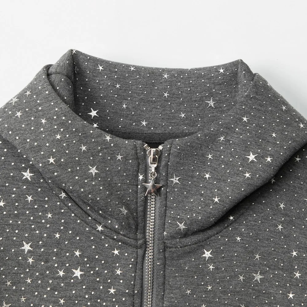 Fivelas duplas zíper bling pentagrama hoodies moletom para mulheres meninas com capuz casual roupas de inverno streetwear tendências