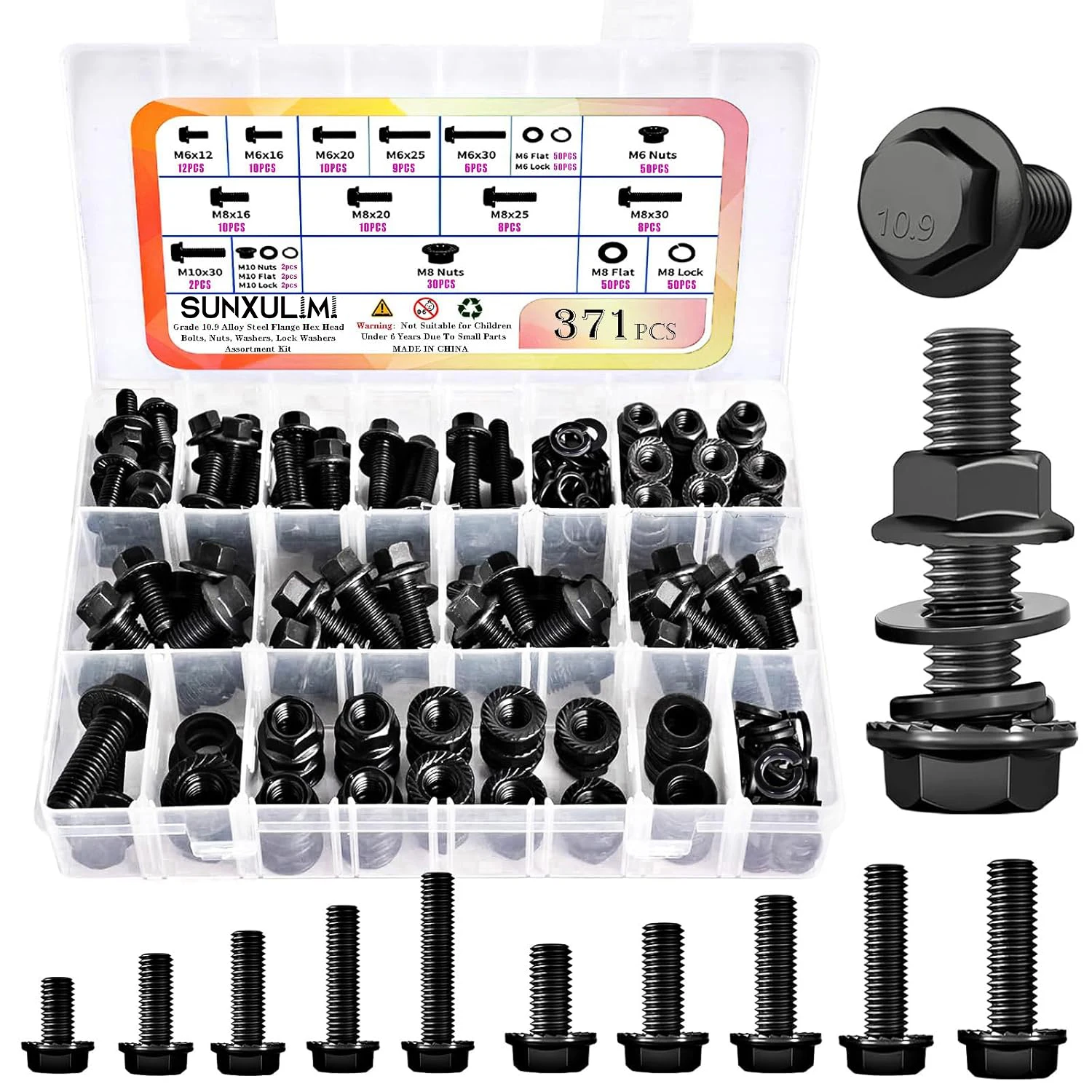 

Набор метрических фланцевых болтов, гаек и шайб M6, M8, M10 из 371 предмета, класс прочности 10.9, легированная сталь, черное цинковое покрытие, полная резьба