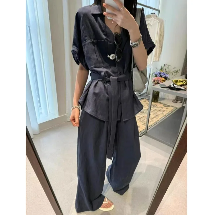Slimming Effect Korean Sle irt Top And Wide Leg Pants Two Piece Set Women's Faion Summer 2025 Elastic Waist Design