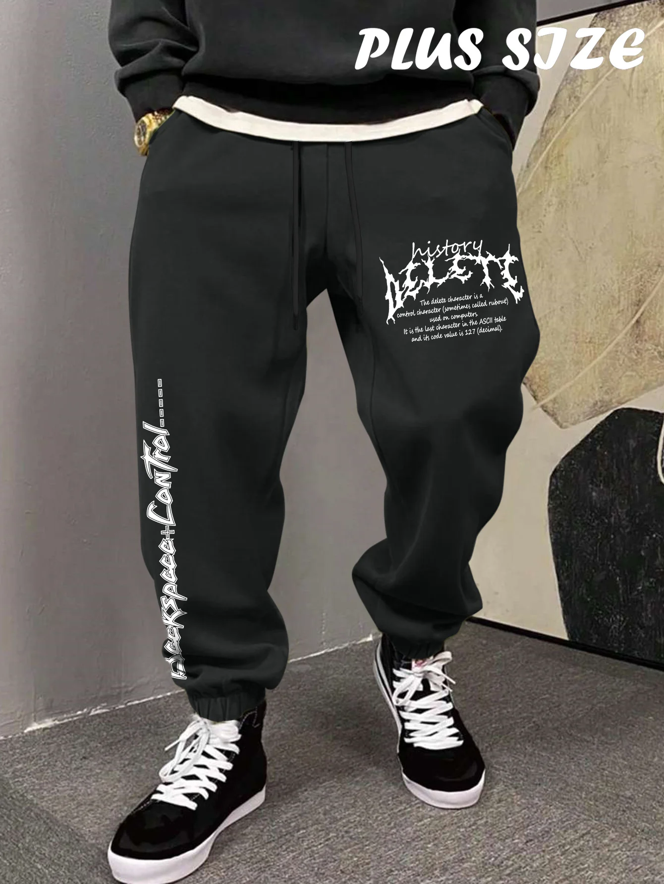 Torn Dark Dual‑Side Text Print Men Plus Size Jogger Pants, Drawstring Waist, Loose Hip Hop Street Sports Sweatpants
