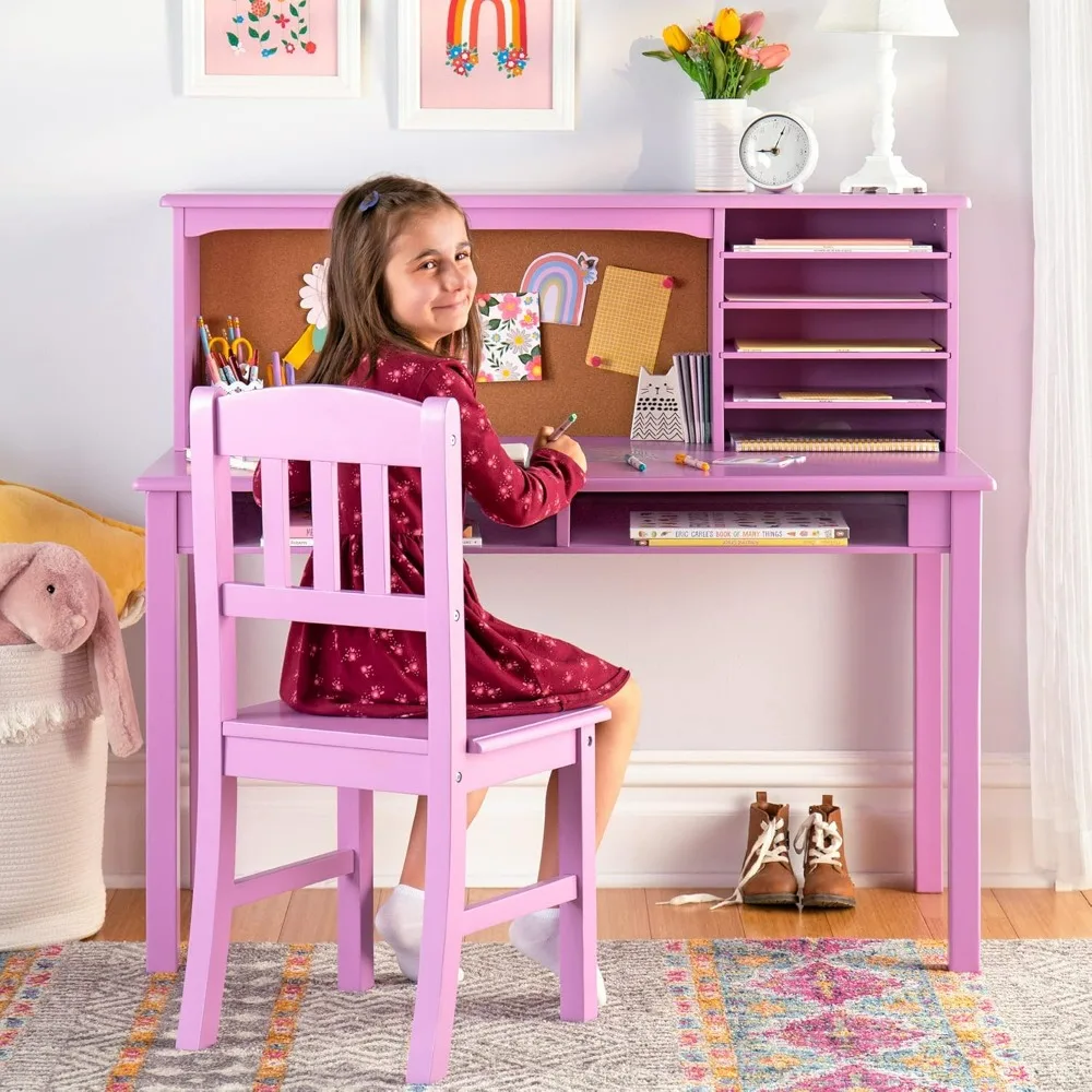 

Children's Desk and Chair Set - Lavender: Student Learning Workstation with Bookshelf and Shelves, Wooden Children's Furniture