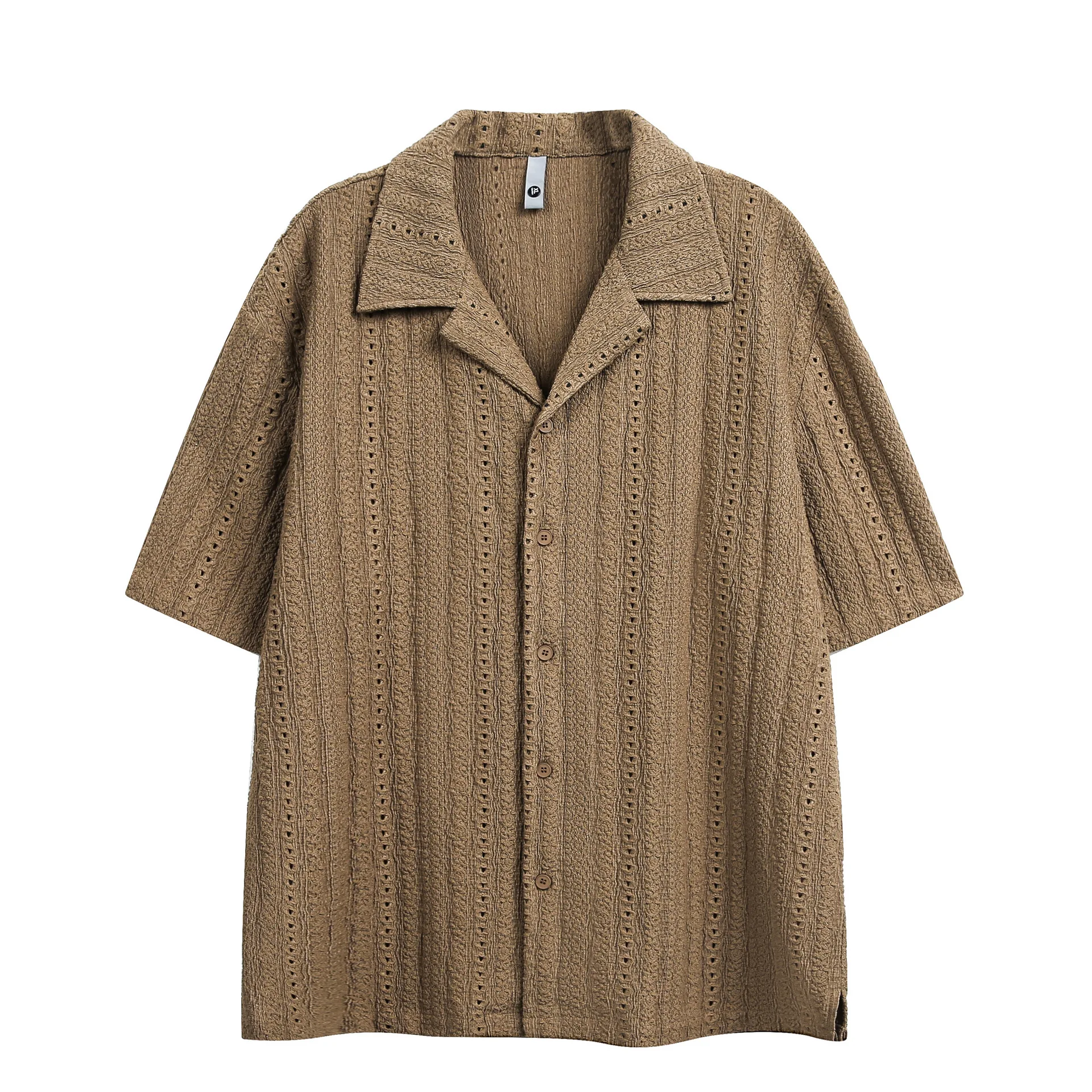 Hawaii Beach Vacation Old-money Style Hollow-out Breathable Cuban Collar Short-sleeve Shirt Unisex Loose-fit Half-sleeve Shirt