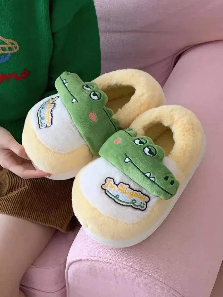 Funny Cute Crocodile Cotton Slippers Women's Winter New Comfortable Plush Home Slippers Anti Slip Fun Crocodile Cotton Slipper