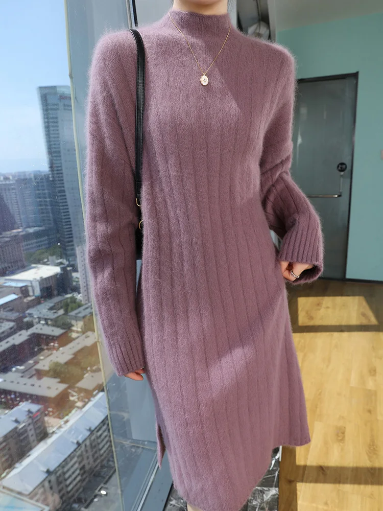 Women\'s Sweater Cashmere Dress Mock Neck Pullover 100% Mink Cashmere Knitwear Office Lady Autumn Winter Long Sleeve Thick Skirts