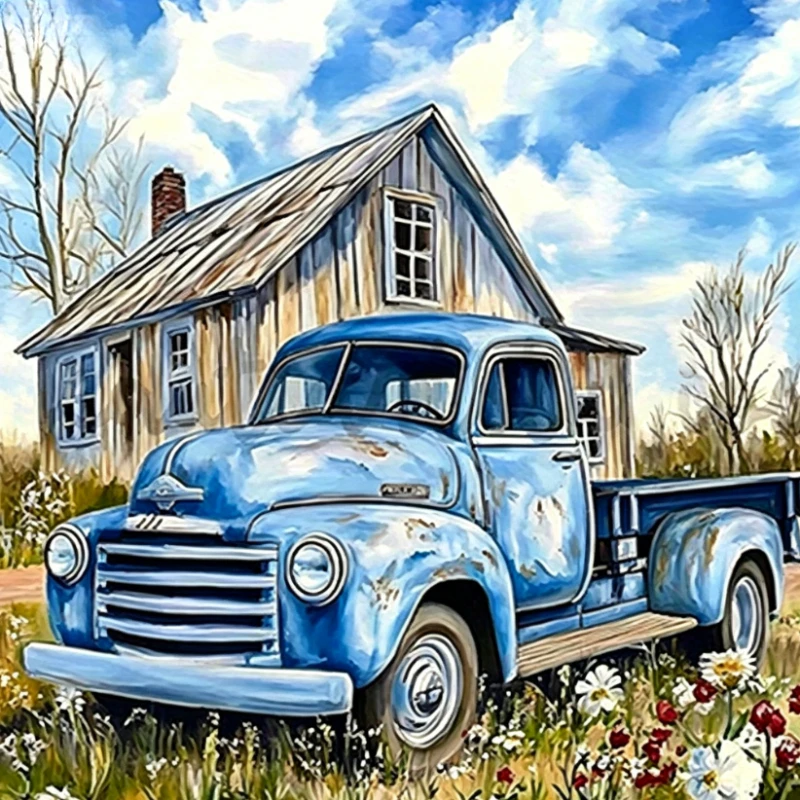 Ölgemälde nach Zahlen Sets, Vintage Blauer LKW, Zahlenmalerei auf Leinwand, DIY Bilder nach Zahlen, Geschenk, Heimdekoration, rahmenlos
