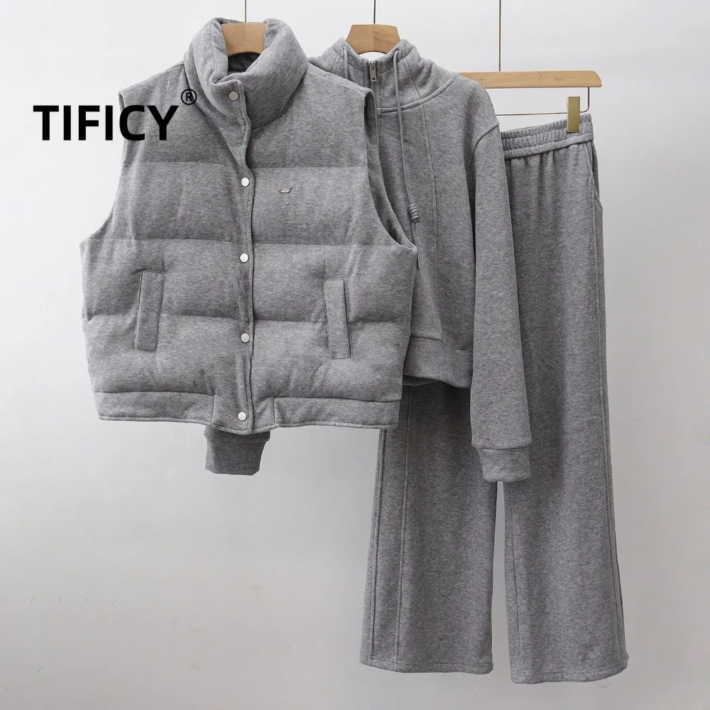 Sports and Leisure Suit Women in Autumn and Winter Casual Sports Vest with Fleece Hoodie Wide Leg Pants Three Piece Set