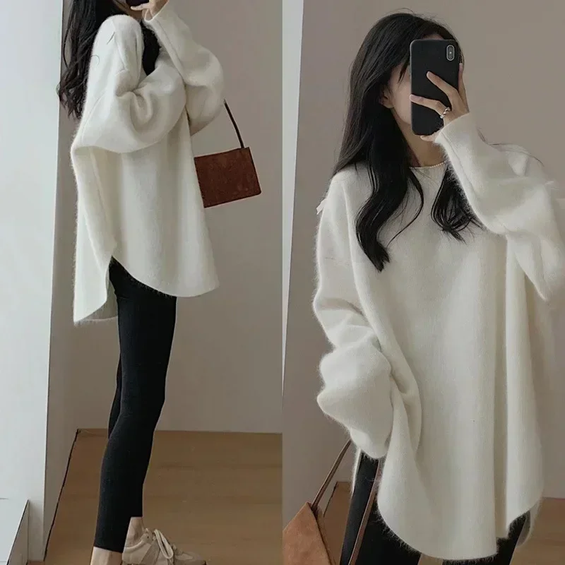 

Women Long Sweaters Full Sleeve Mid Length Tops Pullovers Round Neck Y2k Tops Jumpers Knitted Sweaters Maxi Loose Autumn Winter