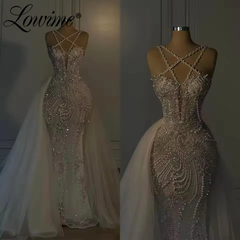 

Pearls Party Dress Ivory White Mermaid Prom Dresses Customized Beaded Spaghetti Straps Elegant Evening Gowns With Train Robes