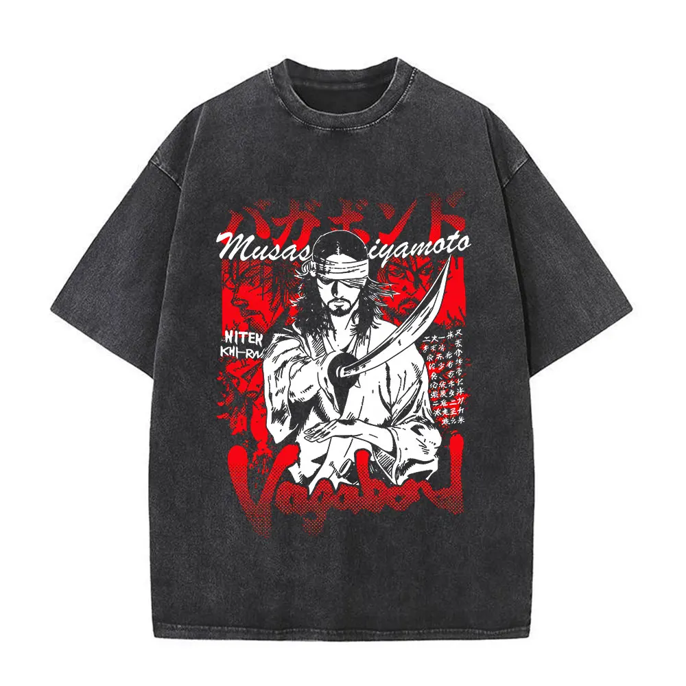 Japanese Anime Vagabond Miyamoto Musashi Vintage Washed T-shirts Cosplay Men Women Clothing Fashion Retro Short Sleeve T Shirts