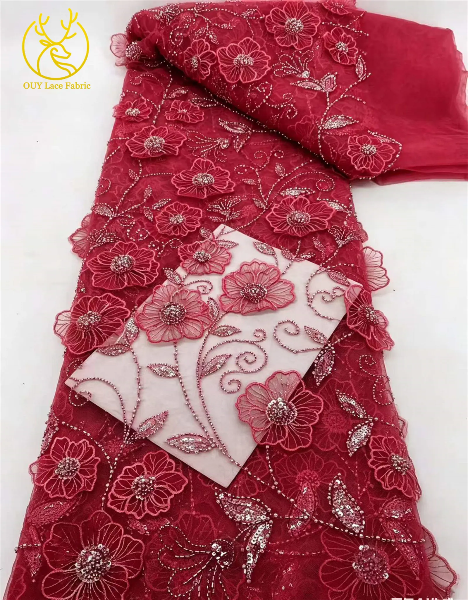 Eleganter nigerianischer 3D-Blumen-Stickerei-Spitzenstoff 2026 Hochwertiger afrikanischer Perlen-Pailletten-Spitzenstoff für Abendkleider – Detail 8