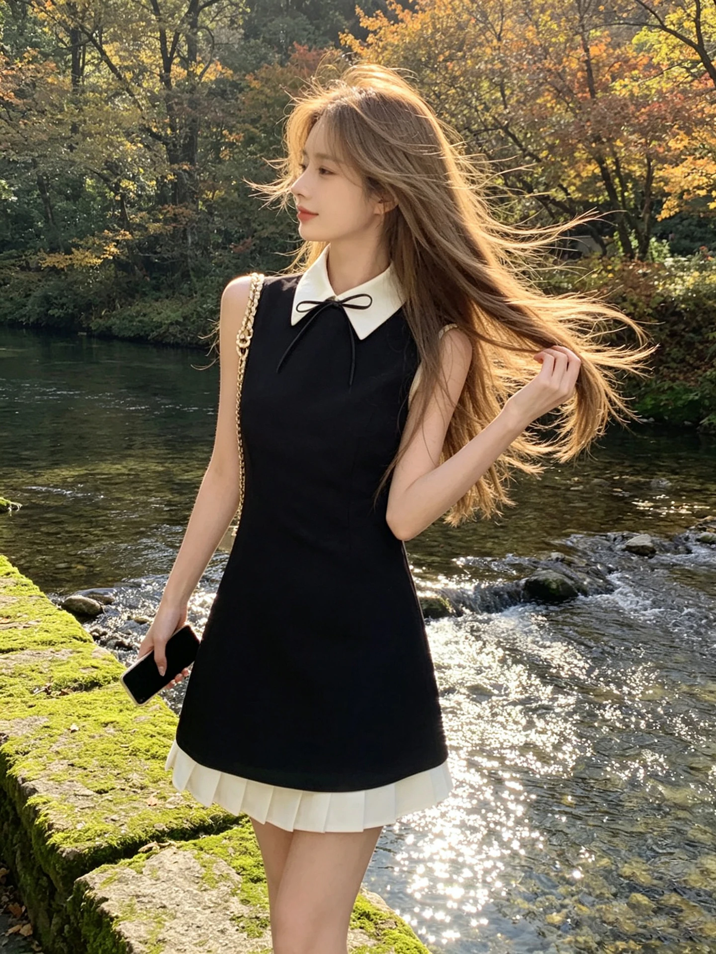 

Korean Style Sleeveless A-Line Dress Women's Black Pleated Gown Waist-Cinching Knot Short Skirt Summer Dress