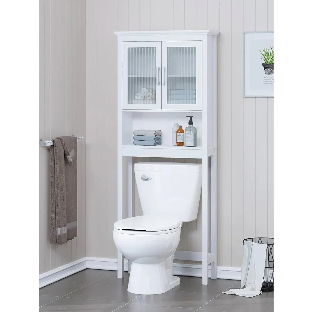 The Toilet Cabinet for Bathroom Storage, Above Toilet Storage Cabinet with Moru Tempered Glass Doors, White